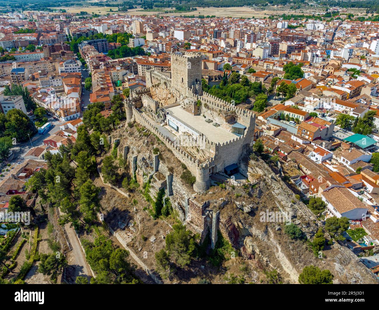 Castle of the city of Almansa in the province of Albacete Castilla la Mancha, Spain. Side aerial view Stock Photo