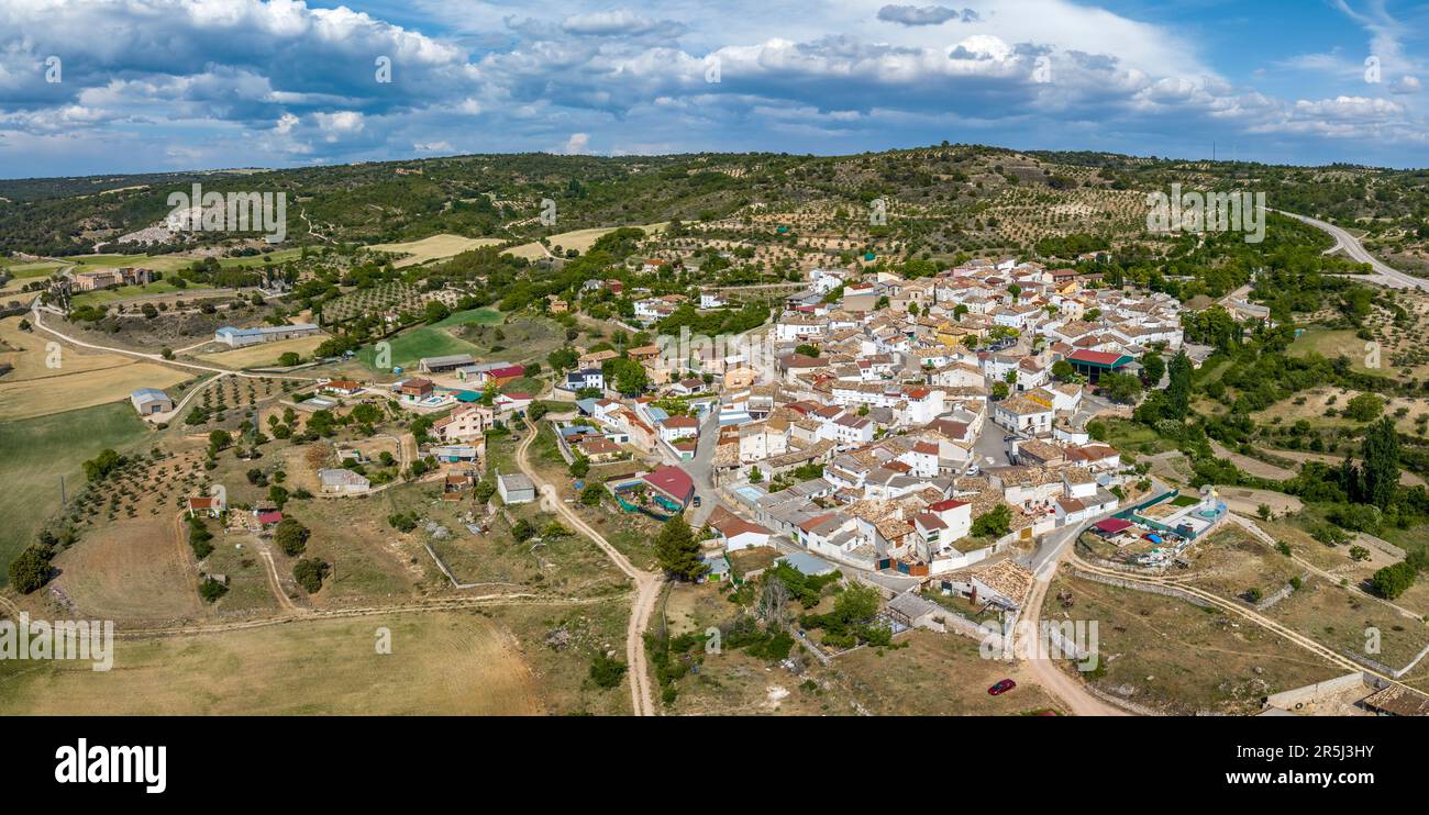 Panoramic aerial view of Monsalud, in Corcoles, province of Guadalajara in Spain, in the background left the monastery of Monsalud Stock Photo