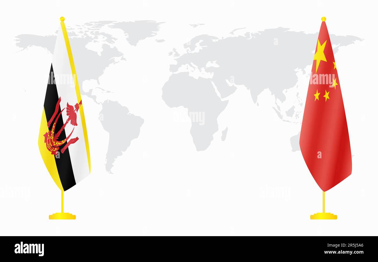 China and Brunei flags for official meeting against background of world map. Stock Vector