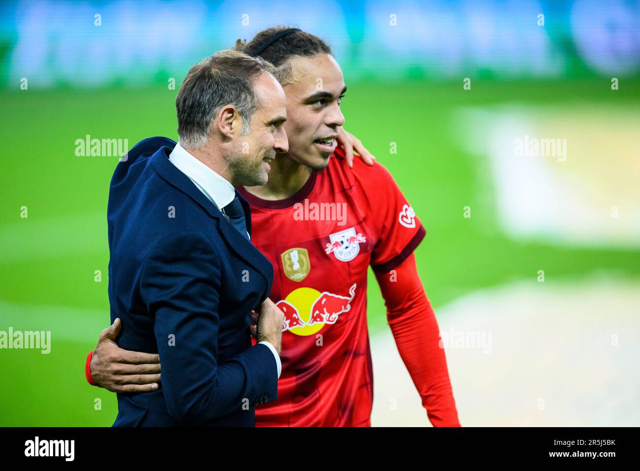 Berlin, Germany. 03rd June, 2023. Soccer: DFB Cup, RB Leipzig - Eintracht Frankfurt, Final, Olympiastadion. Oliver Mintzlaff (l), Managing Director, Red Bull GmbH, cheers with Leipzig's Yussuf Poulsen (r) after the match. Credit: Tom Weller/dpa - IMPORTANT NOTE: In accordance with the requirements of the DFL Deutsche Fußball Liga and the DFB Deutscher Fußball-Bund, it is prohibited to use or have used photographs taken in the stadium and/or of the match in the form of sequence pictures and/or video-like photo series./dpa/Alamy Live News Stock Photo