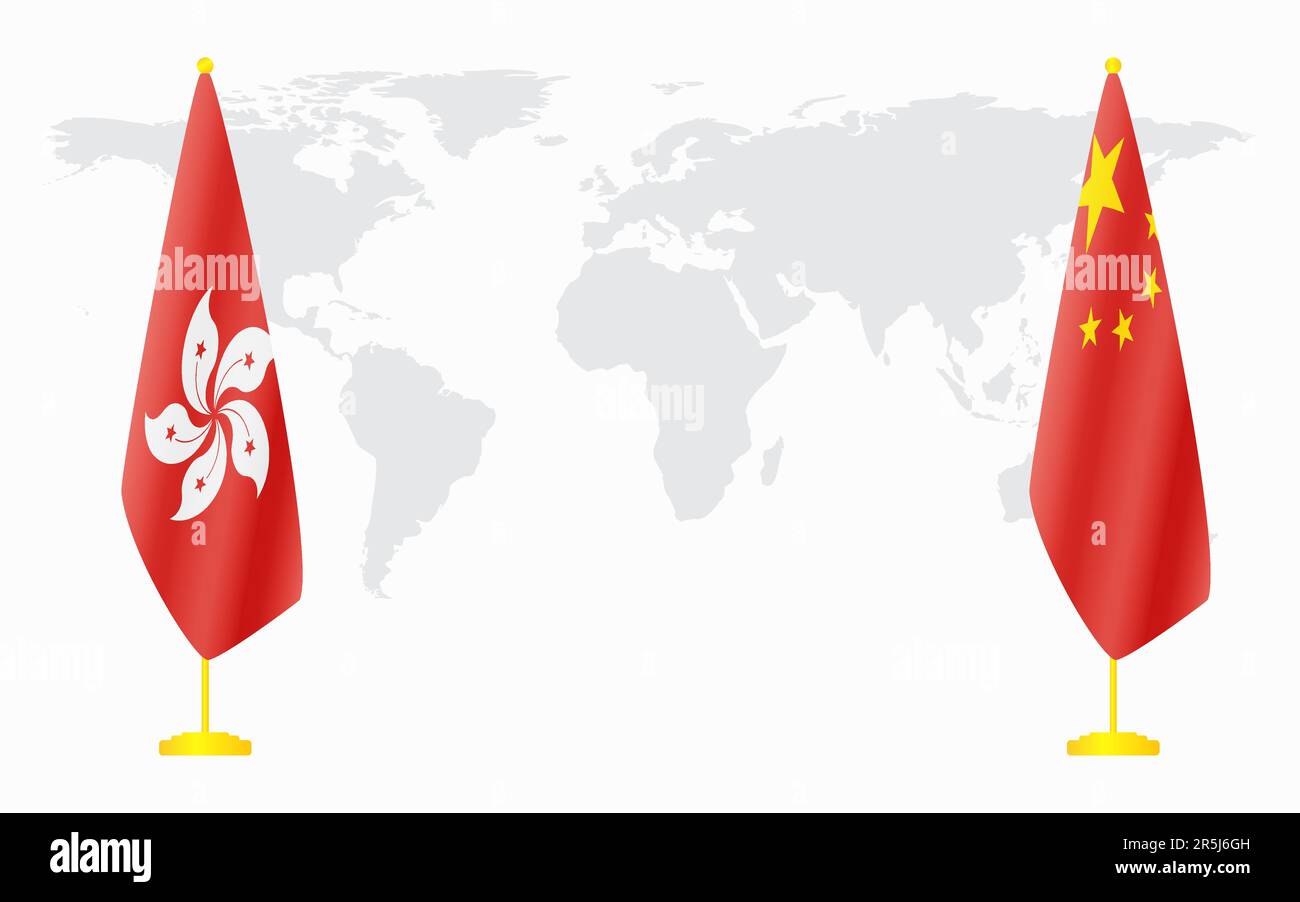 China and Hong Kong flags for official meeting against background of