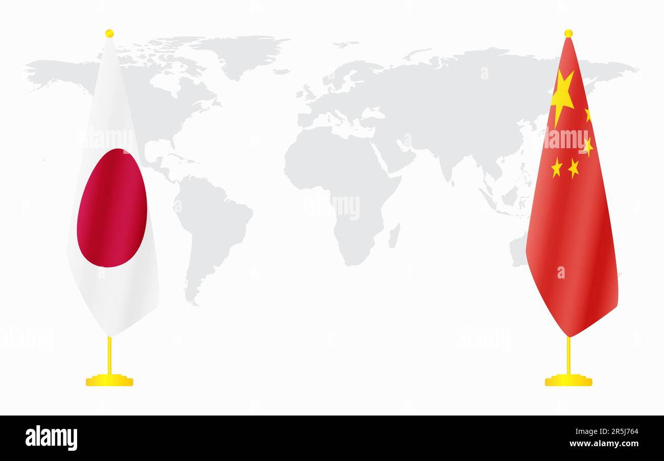 China and Japan flags for official meeting against background of world