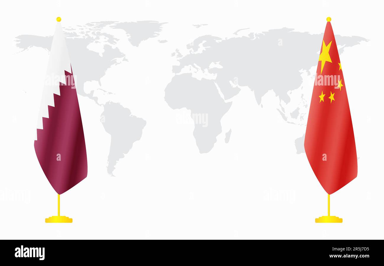 China and Qatar flags for official meeting against background of world
