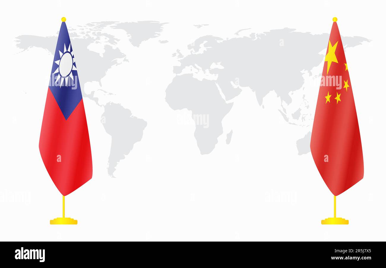 China and Taiwan flags for official meeting against background of world