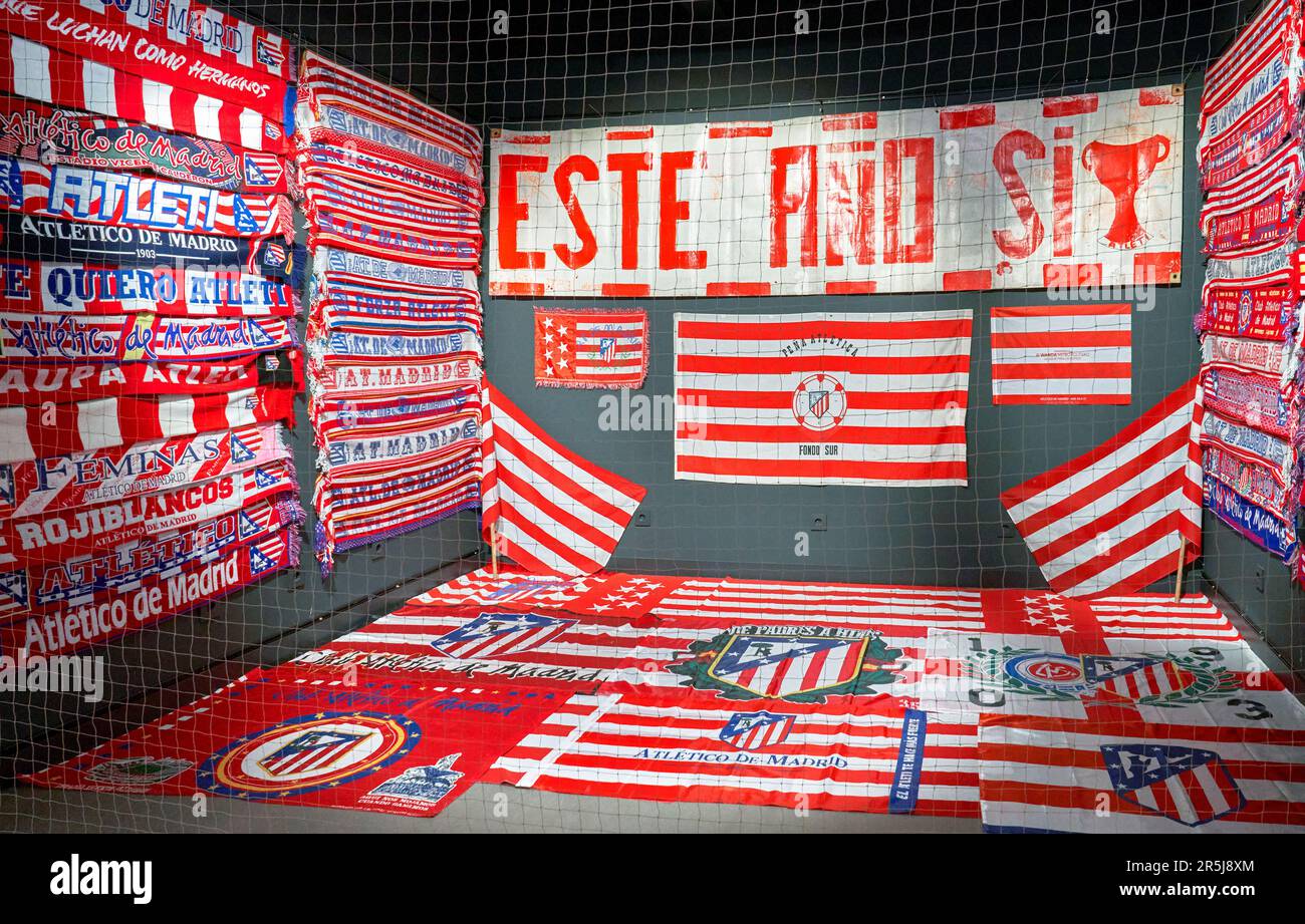 Exposition fragment in the museum of FC Atletico Madrid at Civitas Metropolitano arena Stock Photo