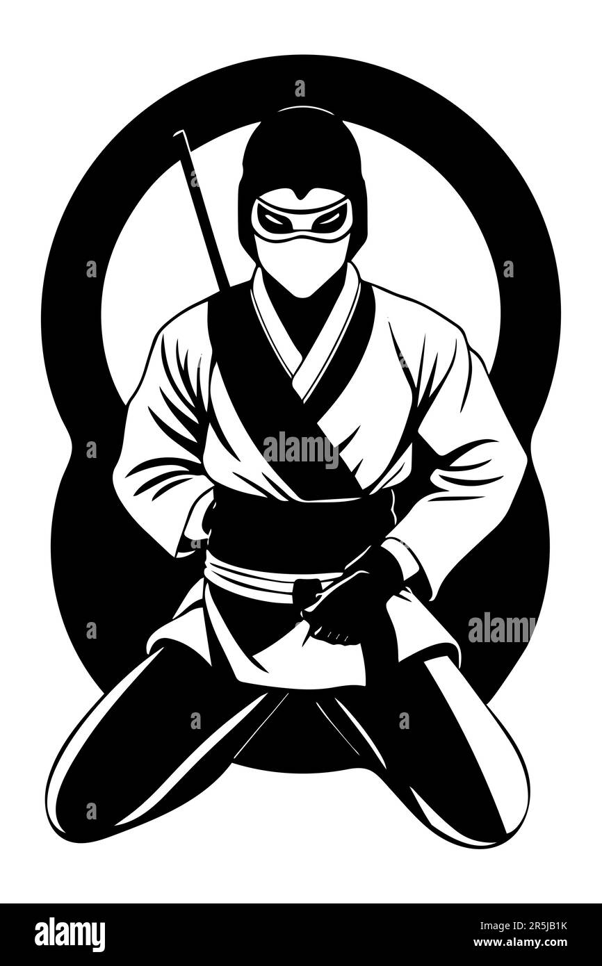 Ninja in kimono. Black and white vector illustration. Japanese martial art. Stock Vector