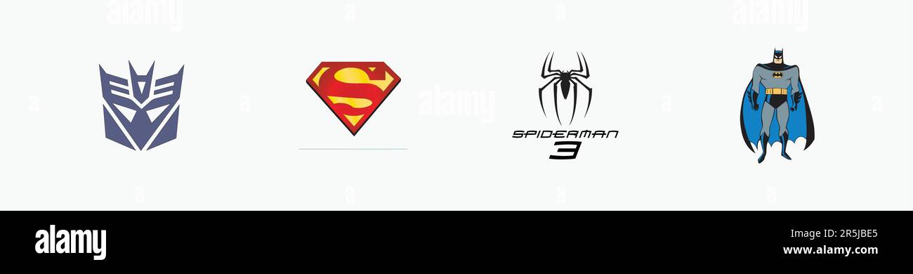 Transformers - Decepticon logo, Superman logo, Batman logo, Spiderman 3 logo, Editorial vector logo on white paper. Stock Vector