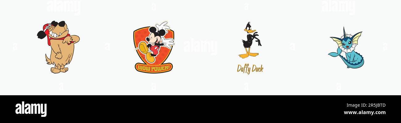 Vaporeon logo, Daffy Duck logo, Mickey Mouse logo, Mutley logo, Editorial vector logo on white paper. Stock Vector
