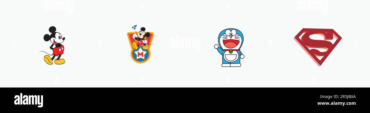 Doraemon logo, Mickey Mouse logo, Superman logo, mickey mouse logo, Editorial vector logo on white paper. Stock Vector