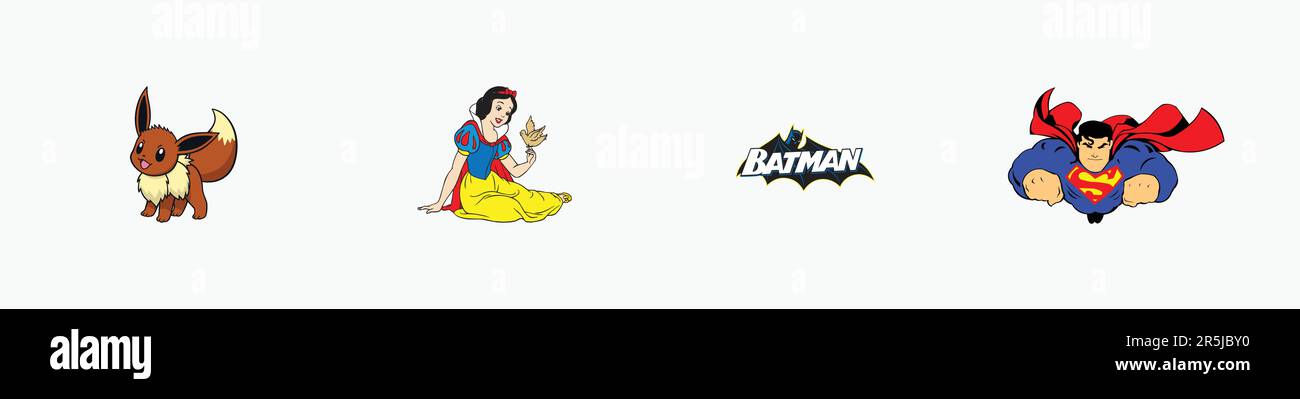 Batman logo, Blanca Nieves logo, Eevee logo, SUPERMAN logo, Editorial vector logo on white paper. Stock Vector