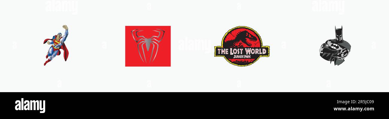 Superman logo, spider-man logo, Jurassic Park logo, Batman logo, Editorial vector logo on white paper. Stock Vector