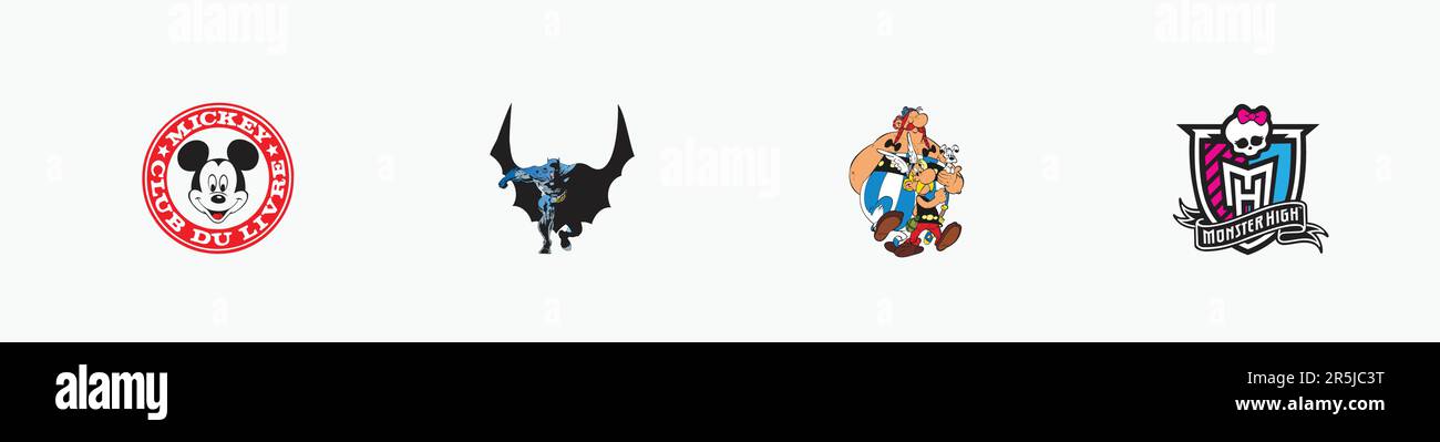 Batman logo, Asterix, Obelix & Idefix logo, Mickey Club Du Livre logo, cMonster High logo, Editorial vector logo on white paper. Stock Vector