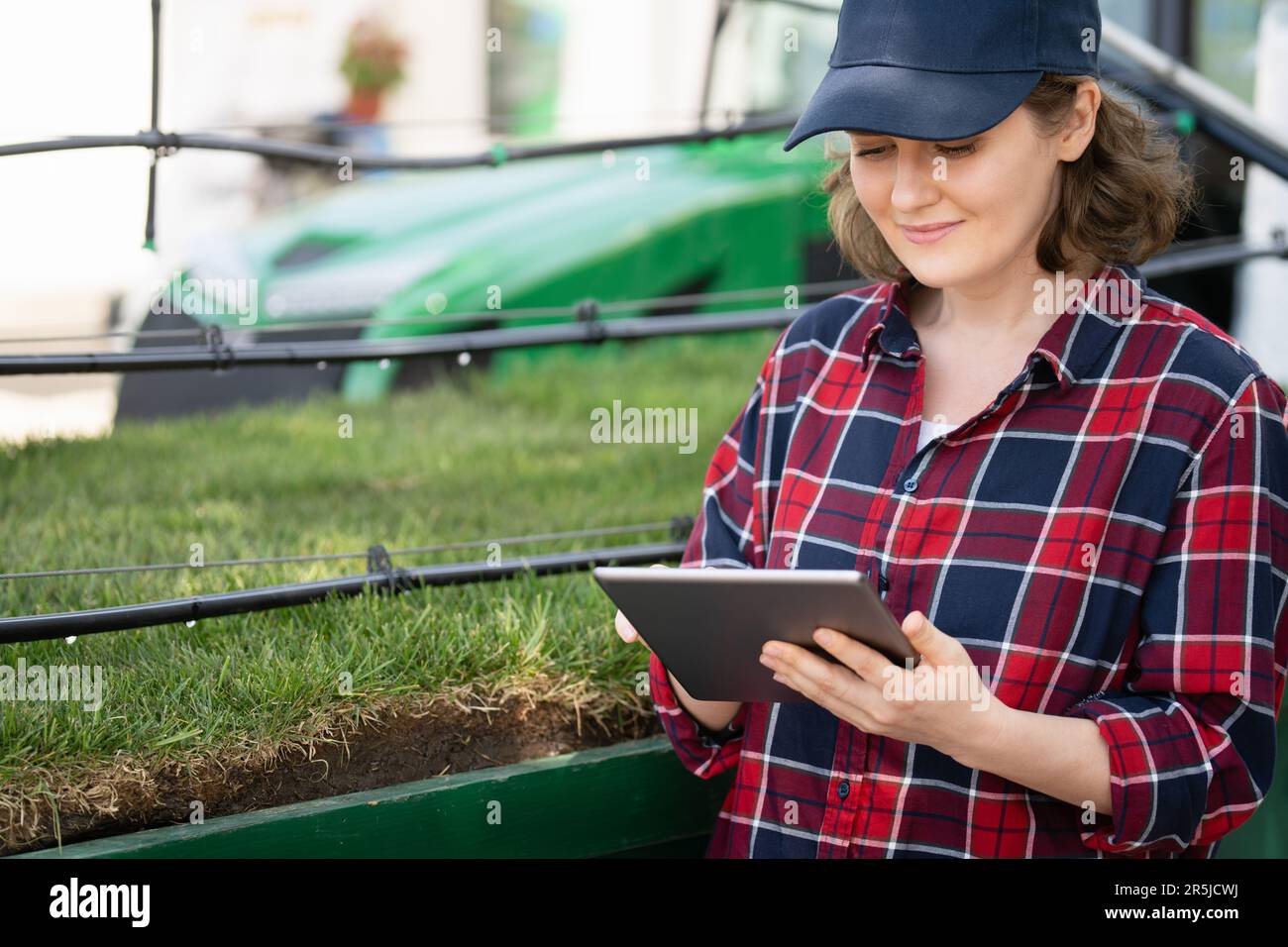 Woman farmer with digital tablet next to a pipe for drip irrigation. Stock Photo