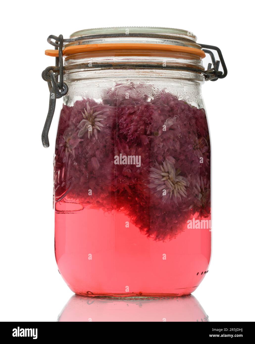 A large kilner jar filled with vinegar and chive flowers. A homemade recipe for a salad dressing ingredient. Stock Photo