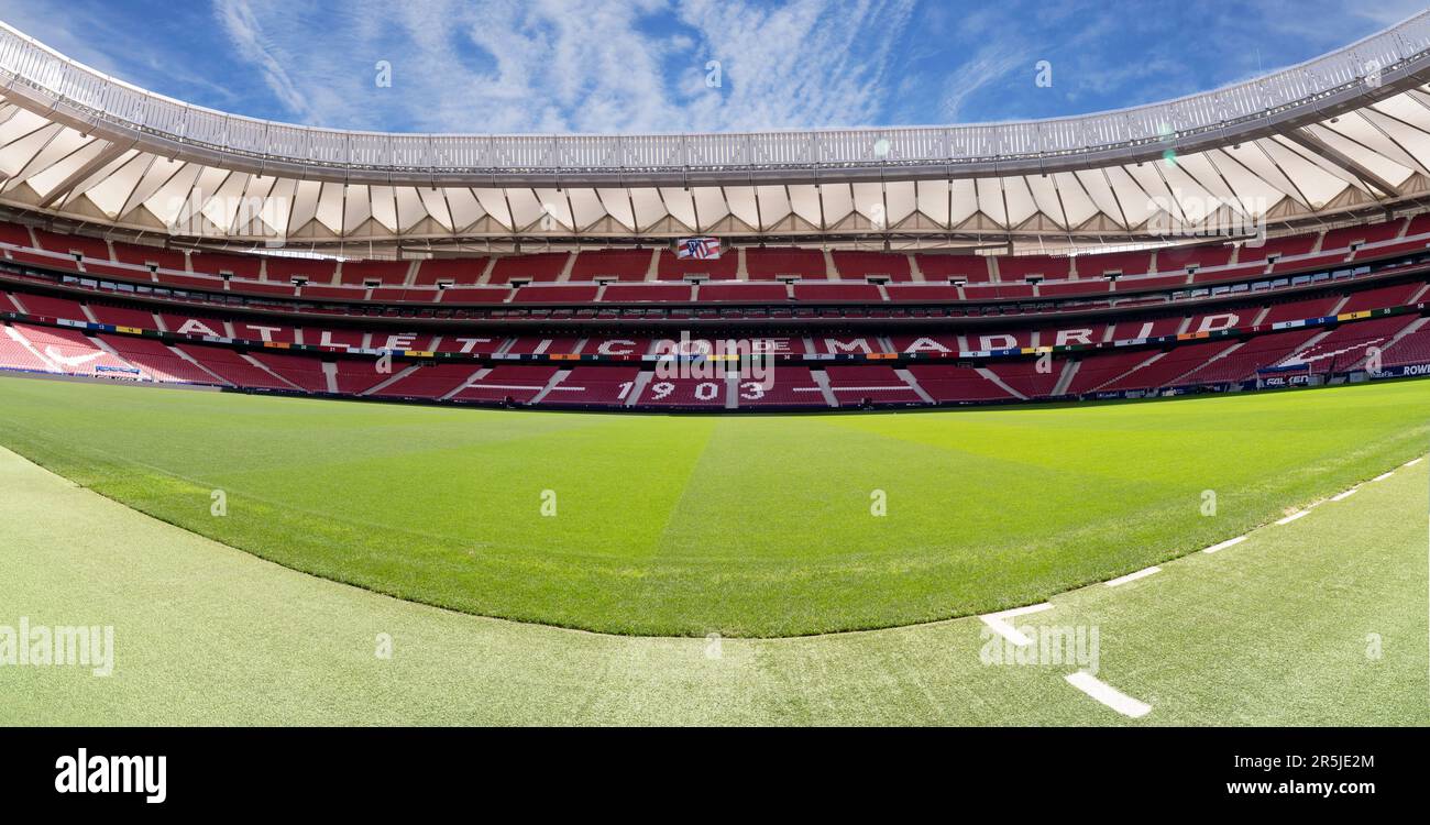 Panoramic pitch view at Civitas Metropolitano arena - the official playground of FC Atletico, Madrid Stock Photo