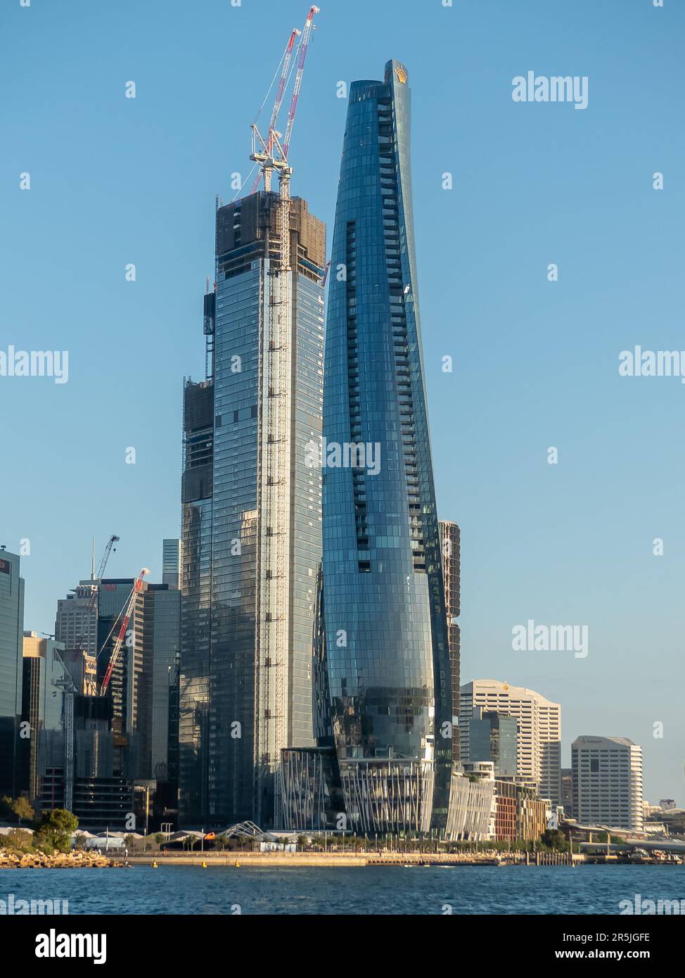 The Sydney skyline including the tallest building in Sydney, the Crown Sydney (also referred to as One Barangaroo) hotel and apartment tower block. Stock Photo