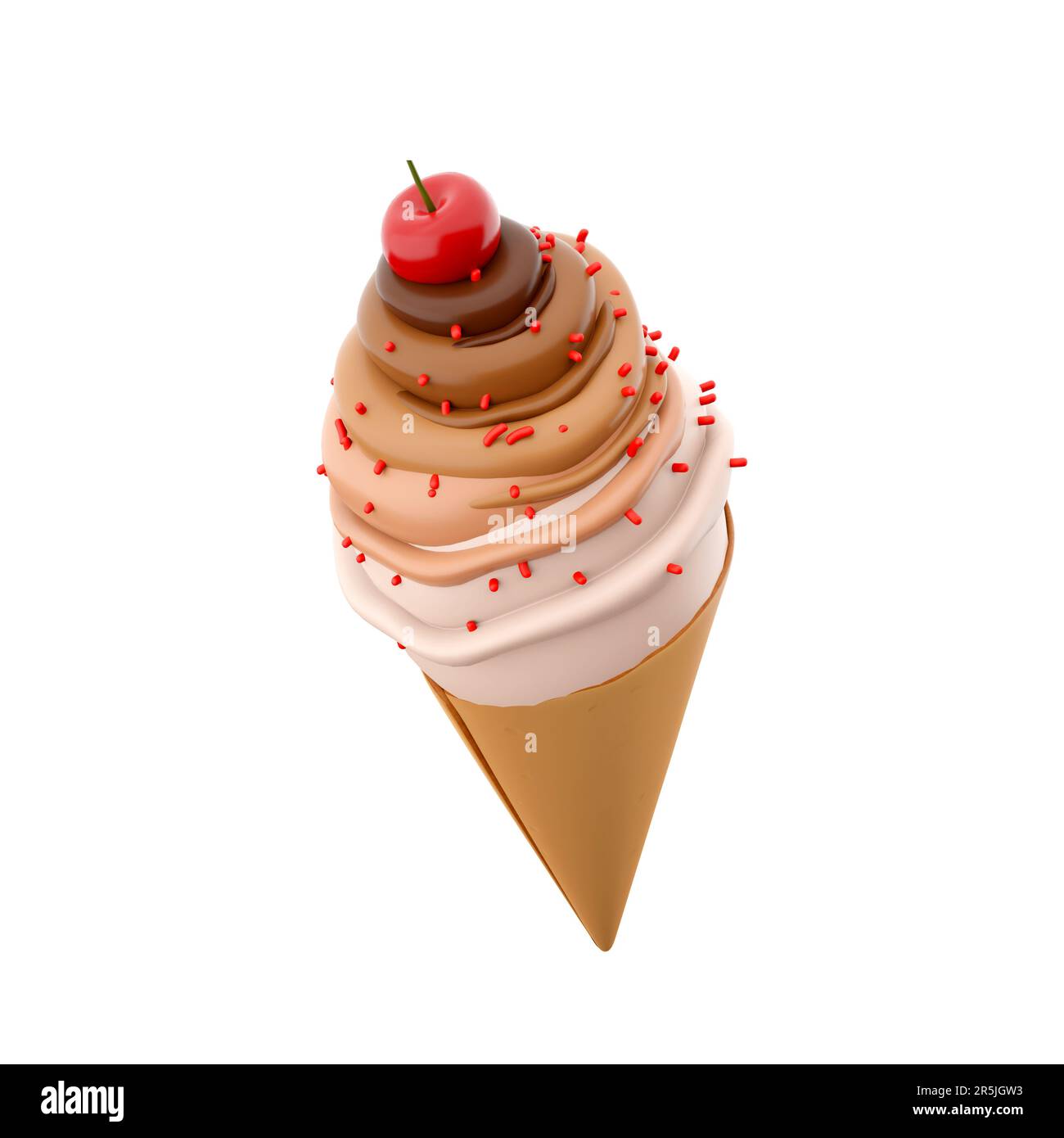 3d rendering cream ice cream with cherry icon. 3d render vanilla-chocolate-flavored ice cream with sprinkles icon Stock Photo