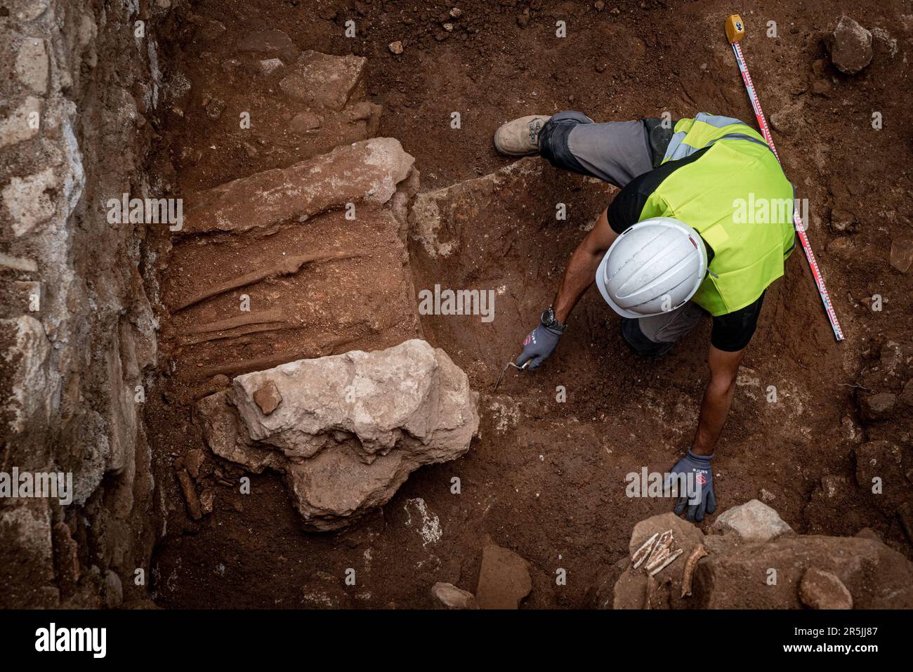 Works carried out in Barcelona Via Laietana street uncovered the remains of several  tombs from the Roman period. Stock Photo