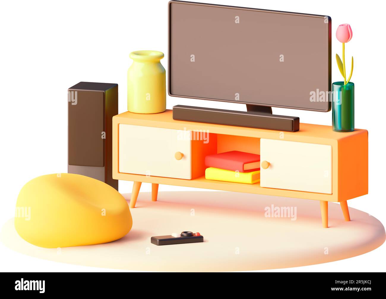 Vector tv stand with bean bag chair illustration. Modern furniture. Tv, soundbar with subwoofer, pouf and remote control Stock Vector
