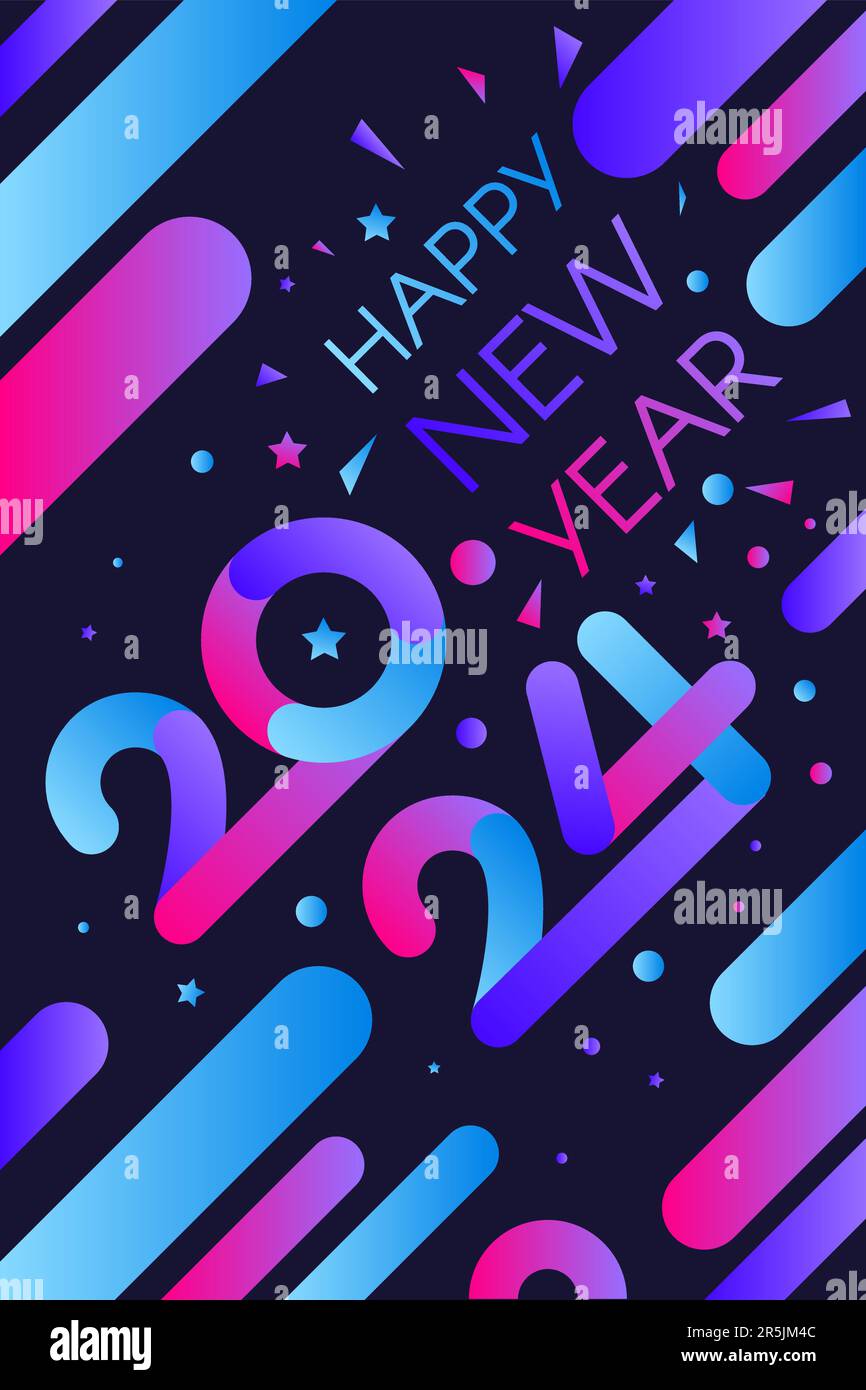 Modern Happy New 2024 Year Holiday poster in night blue sky colors with