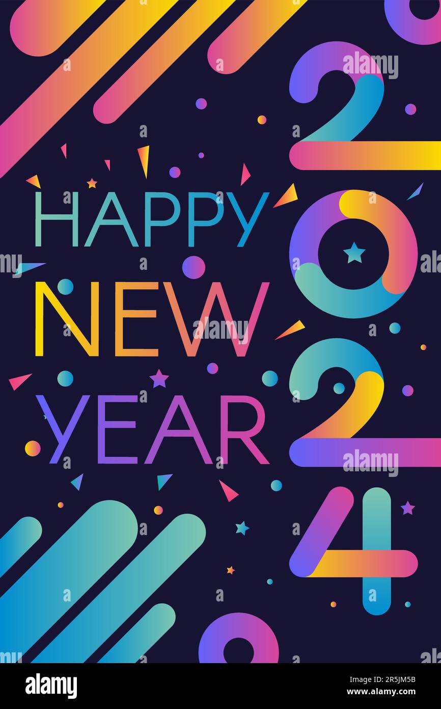 Modern Happy New 2024 Year Holiday poster in night blue sky colors with