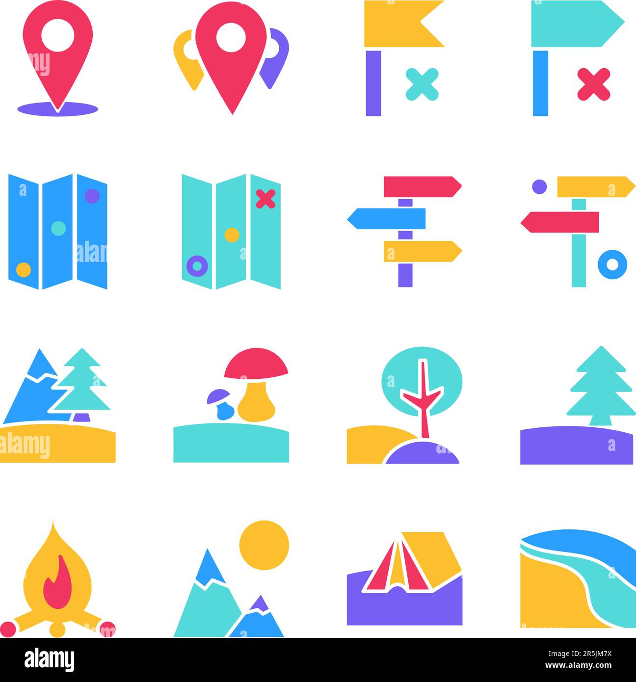 Collection of conventional signs designates of route elements on paper map. Checkpoint, arrow, flag, map, tree, fire, tent, river. Simple colored flat Stock Vector