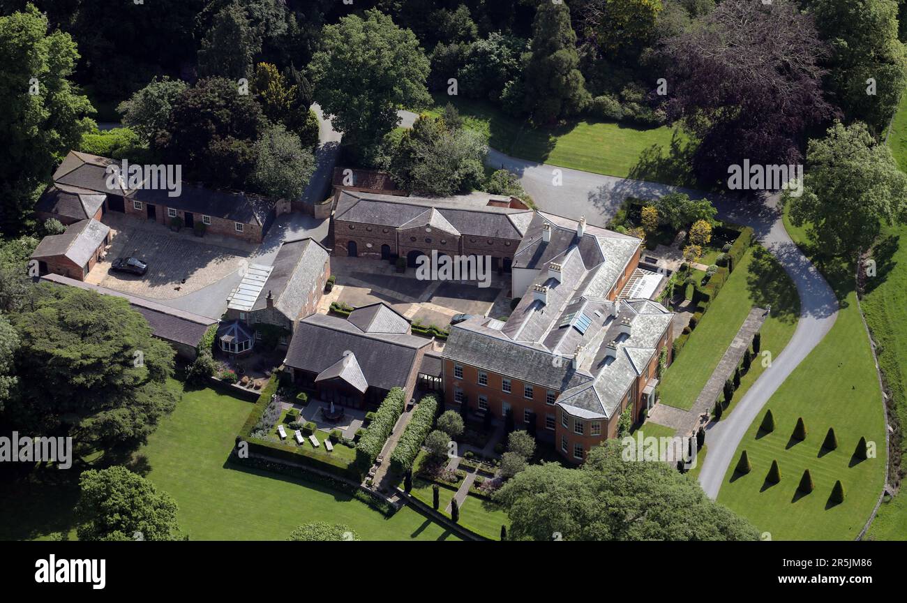aerial view of a large private detached house in grounds in the village of Sharow, Ripon, North Yorkshire Stock Photo