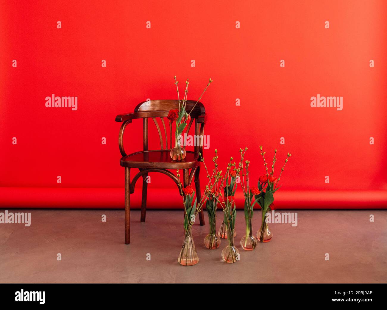 Wonderful flower arrangement with glass vases. Beautiful bouquets of red tulip and branches with buds on wooden clasic chair. Florar set for interior Stock Photo