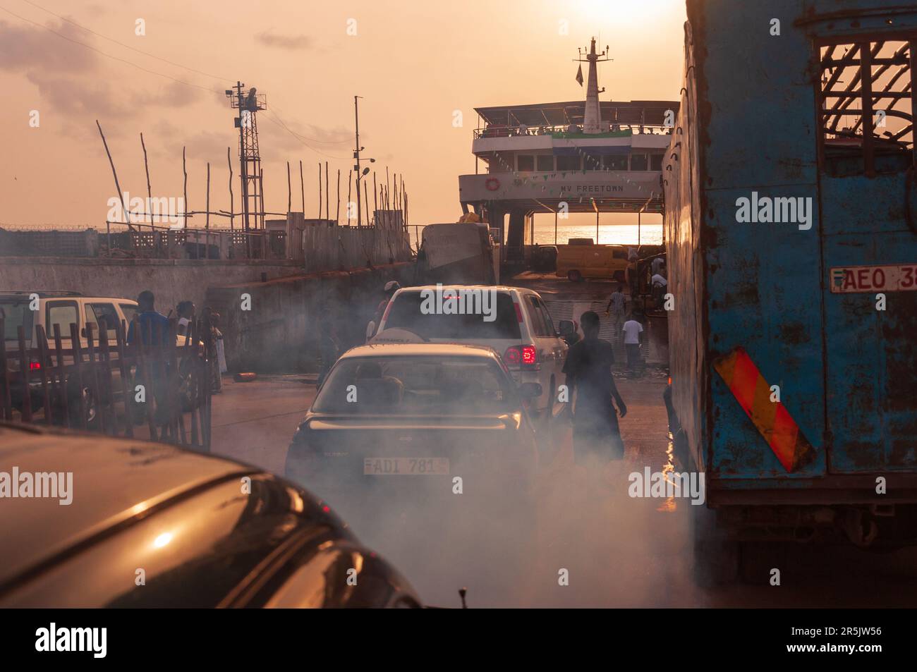 Early morning ferry, Freetown to Lungi, Sierra Leone. Stock Photo