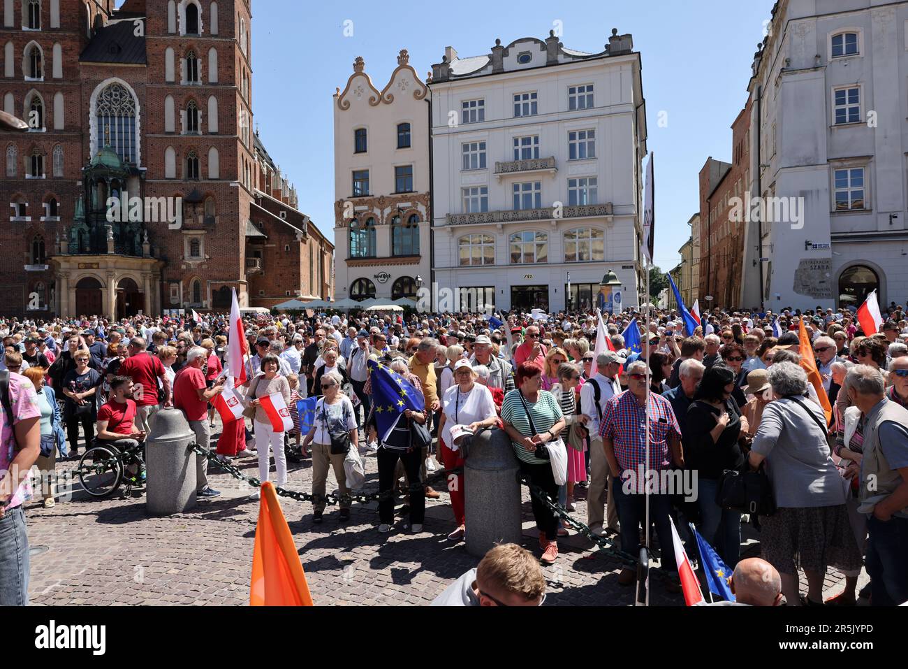 Cracow, Poland - June 4, 2023: March of freedom, march in defense of democracy, Krakow supports the great march in Warsaw. Stock Photo