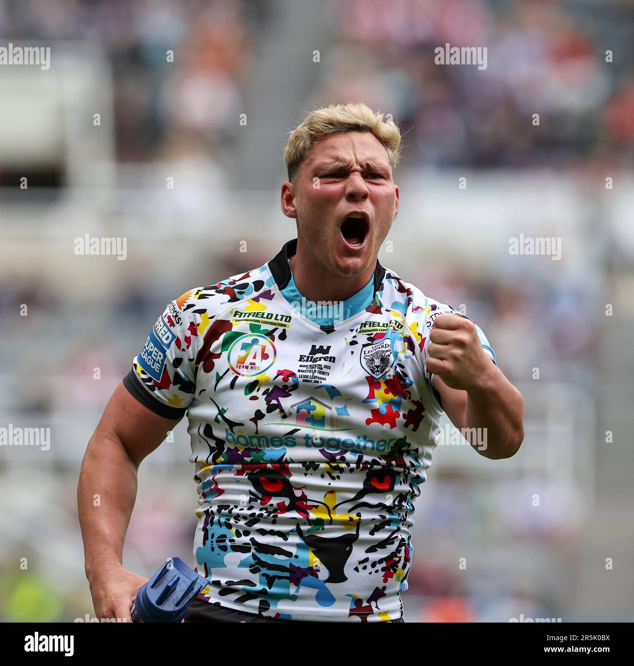 St James Park, Newcastle, UK. 4th June, 2023. Betfred Super League Magic Weekend Rugby League, Wakefield Trinity versus Leigh Leopards; Leigh Leopards Lachlan Lam shouts to the fans after a Wakefield try is disallowed Credit: Action Plus Sports/Alamy Live News Stock Photo