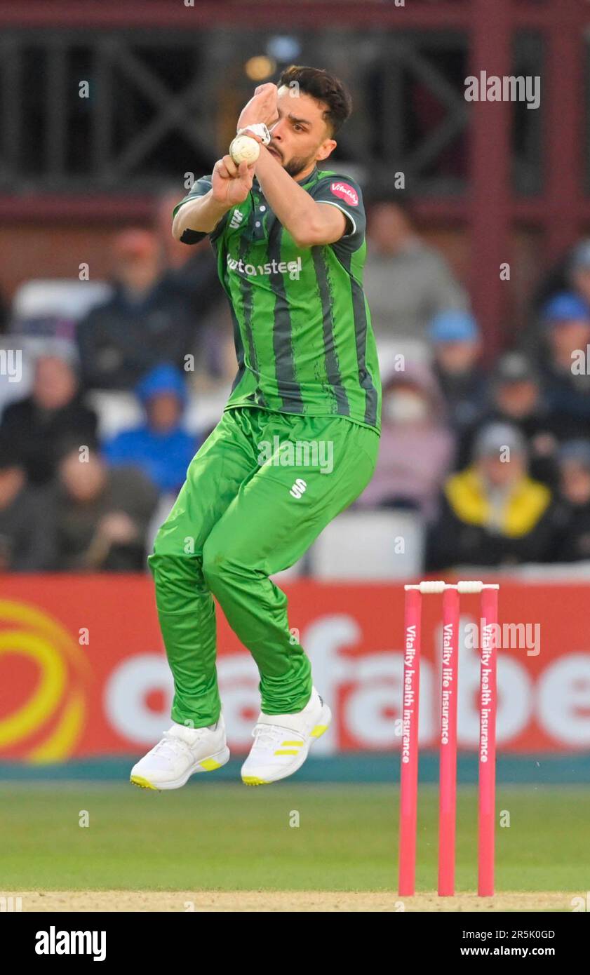 Northampton June 2 :  Naveen-ul-Haq Murid  of LEICESTERSHIRE FOXES  during the Vitality T20 Blast match between Northamptonshire Steelbacks and  LEICESTERSHIRE FOXES at The County Ground Northampton on June 2, 2023 Northampton England . Stock Photo