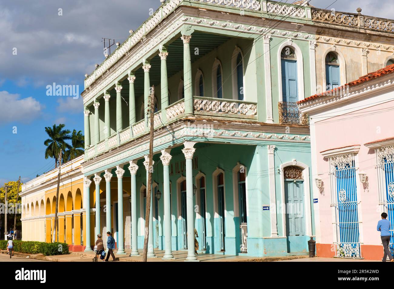 Colonial houses, Columns, Remedios, Santa Clara Province, Cuba Stock Photo