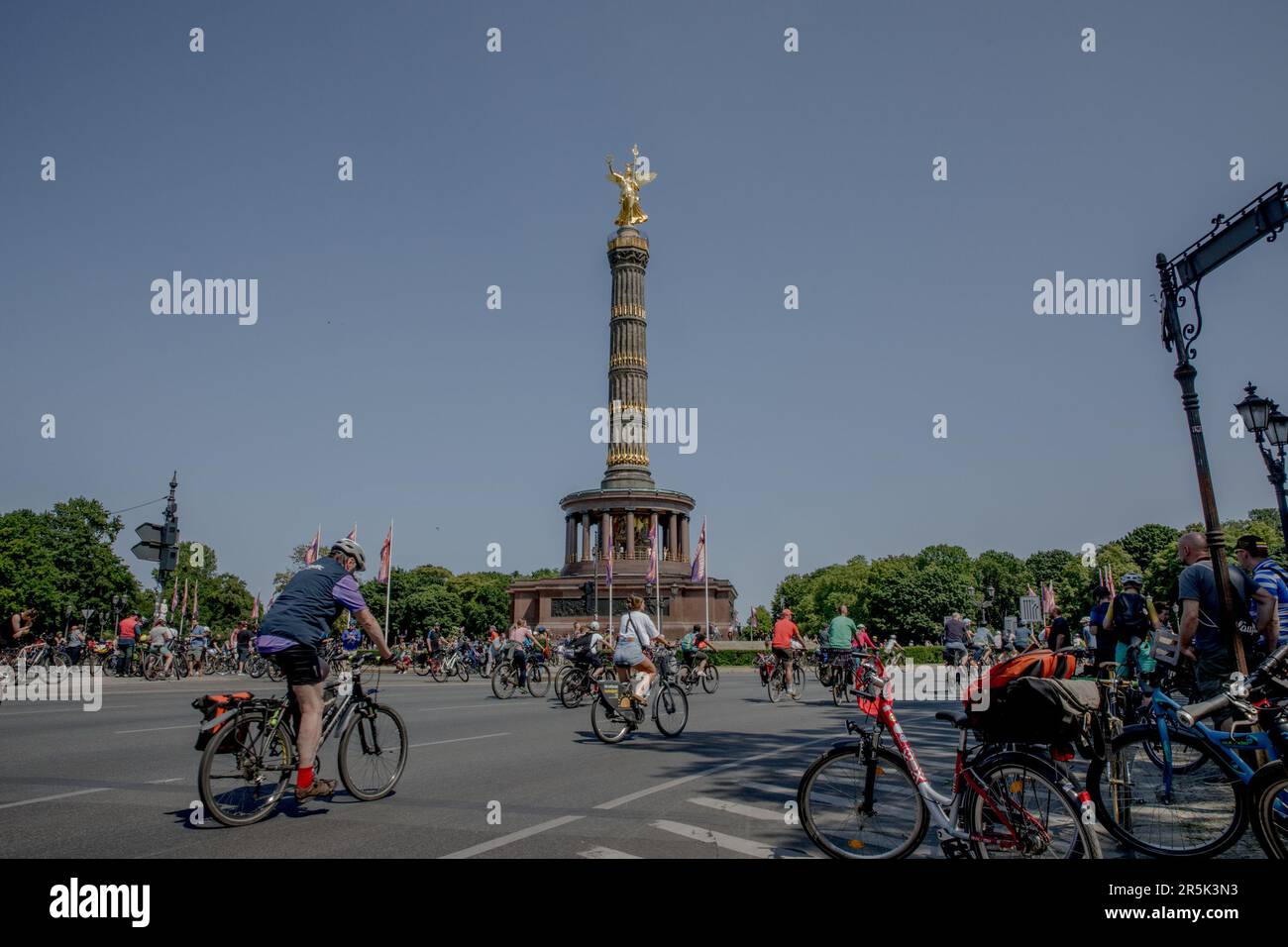 June 4, 2023, Berlin, Germany: Thousands of cyclists participated in the annual bike protest, the Sternfahrt, in Berlin on June 4, 2023. Participants called for protected bike lanes and safer streets around schools. Numerous roads in and around Berlin were closed to car traffic to accommodate the event, including sections of freeways. The action caused significant disruptions for motorists throughout the city. All routes converged at the Victory Column in Berlin's Tiergarten Park. Road closures were also implemented on the A113/A100 and A115 (AVUS) freeways. The General German Bicycle Club (AD Stock Photo