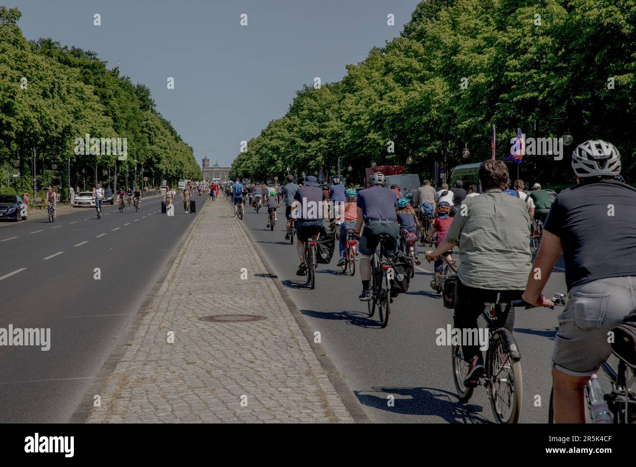 June 4, 2023, Berlin, Germany: Thousands of cyclists participated in the annual bike protest, the Sternfahrt, in Berlin on June 4, 2023. Participants called for protected bike lanes and safer streets around schools. Numerous roads in and around Berlin were closed to car traffic to accommodate the event, including sections of freeways. The action caused significant disruptions for motorists throughout the city. All routes converged at the Victory Column in Berlin's Tiergarten Park. Road closures were also implemented on the A113/A100 and A115 (AVUS) freeways. The General German Bicycle Club (AD Stock Photo