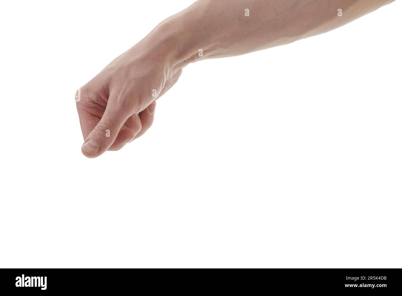 Man hand to hold something with fingers isolated on white background ...