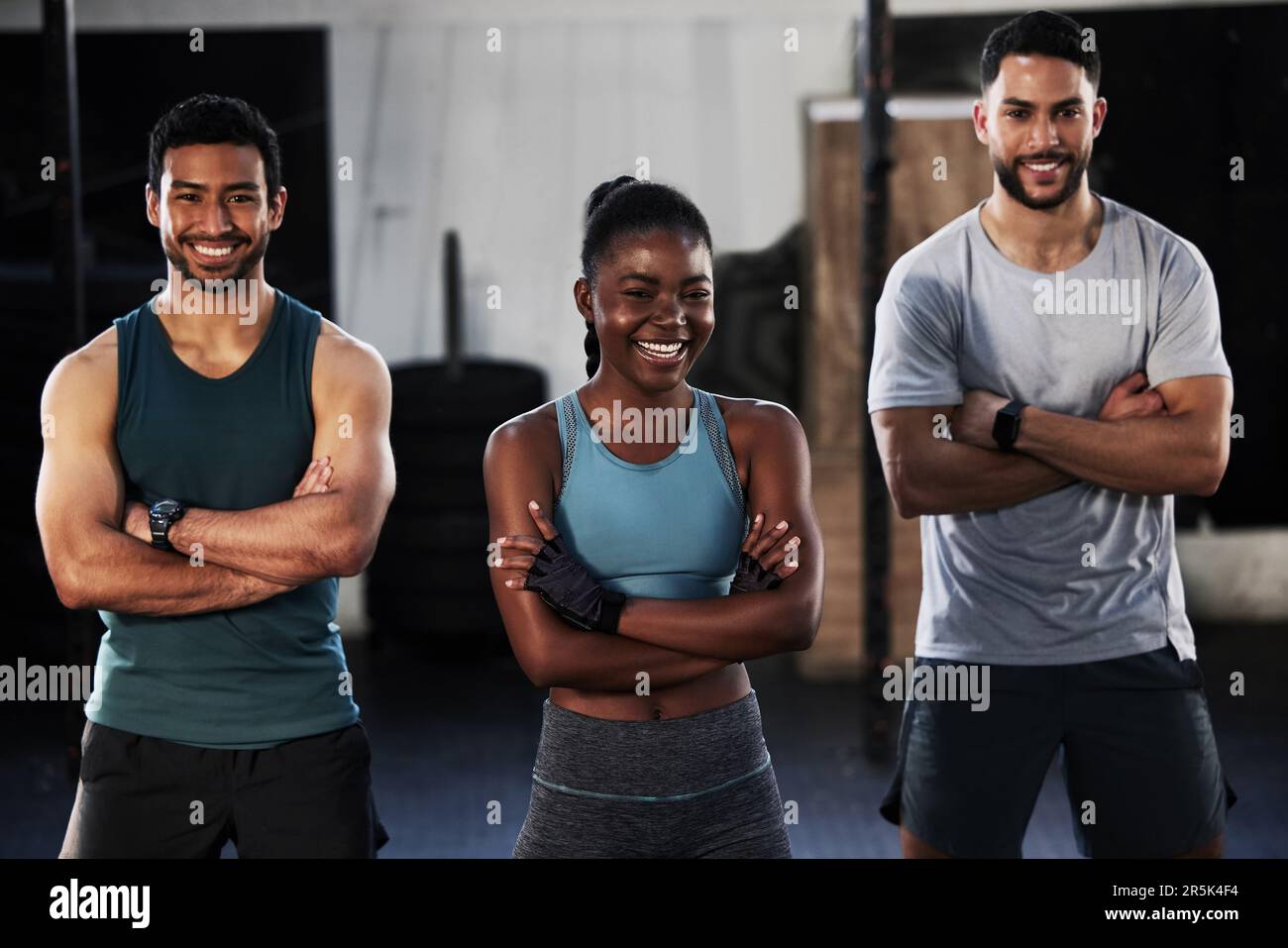 Personal trainer, team portrait or happy people at gym for a workout,  exercise or training for healthy fitness. Sports coaches, black woman or  Stock Photo - Alamy
