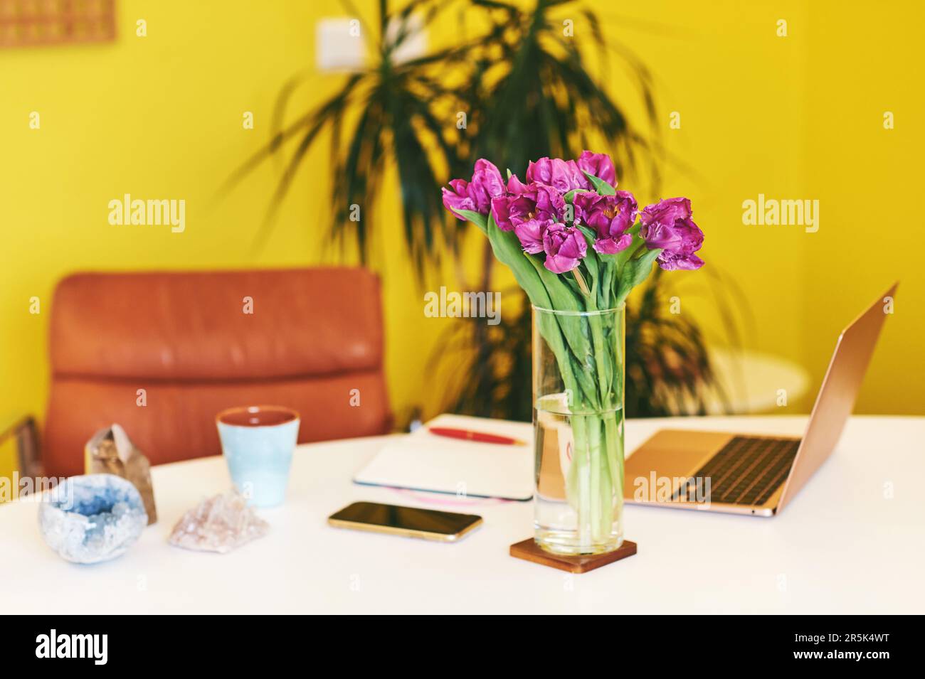 Colorful workplace with portable laptop computer, mineral crystals and ...