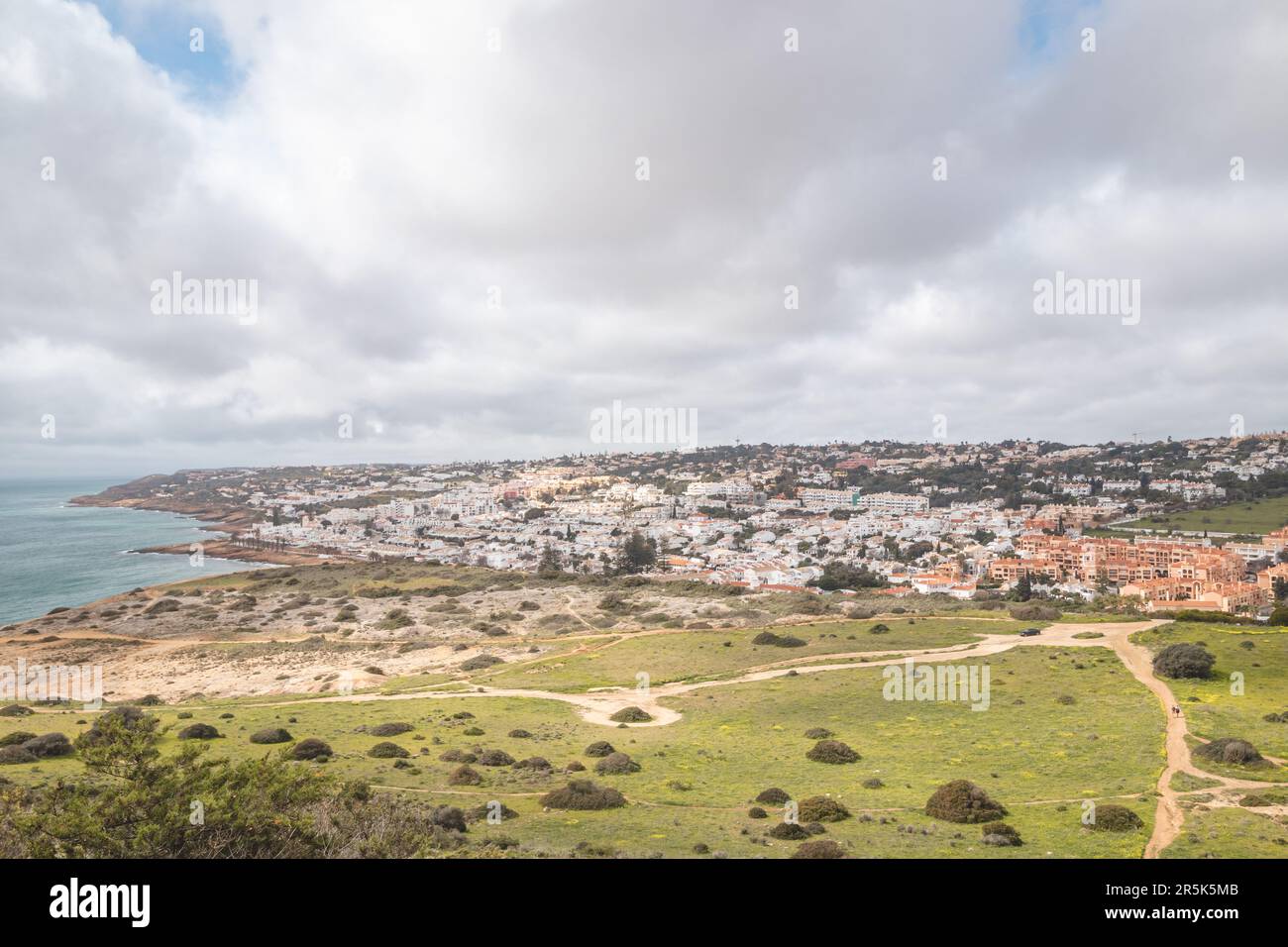 City of Luz and the Atlantic Ocean beaches from the top of Atalaia hill in the Algarve region of