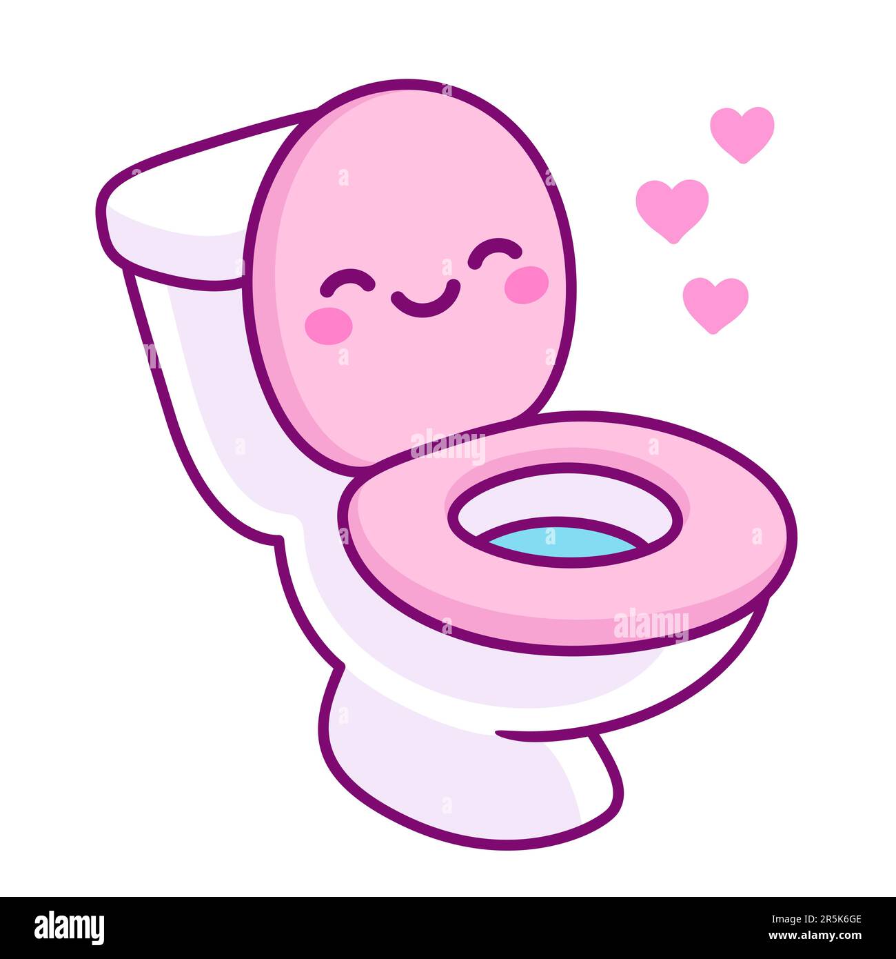 Kawaii pink toilet bowl drawing with funny smiling face. Simple and