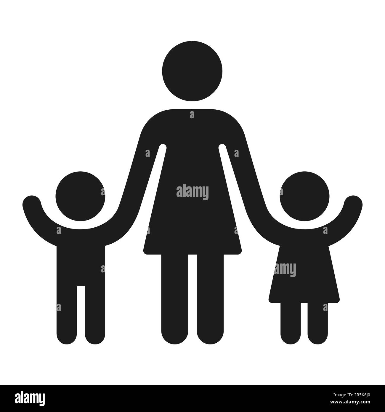 Adult with children figure silhouette icon. Woman holding hands of boy and girl. One parent family or preschool teacher. Vector symbol. Stock Vector