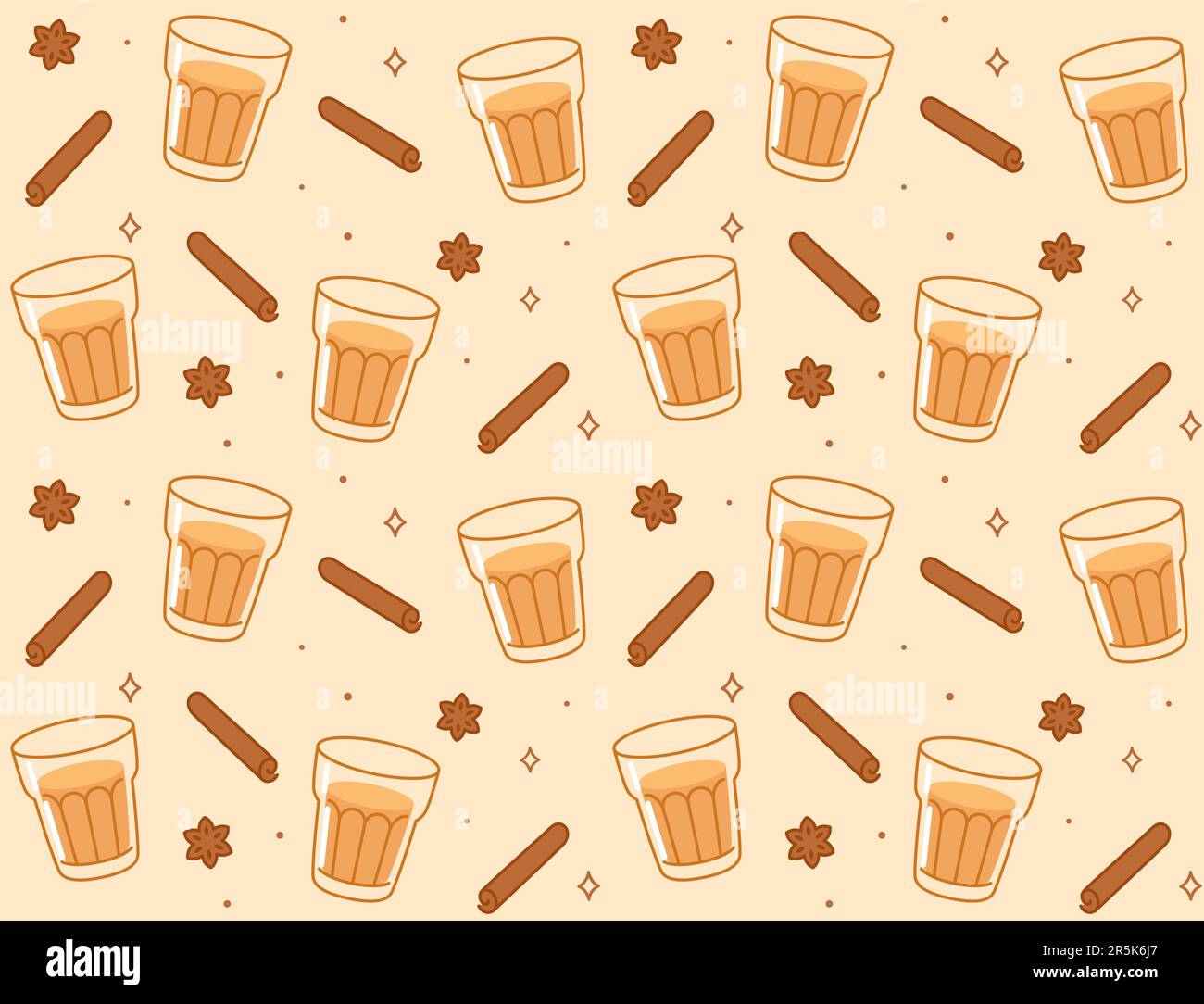 Masala chai tea seamless pattern. Doodle drawings of Indian tea glass and spices: cinnamon and cloves. Vector background illustration. Stock Vector