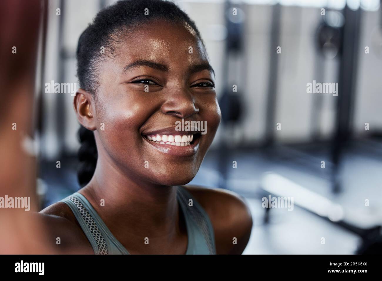 Gym, portrait or black woman with smile in selfie on workout, exercise ...