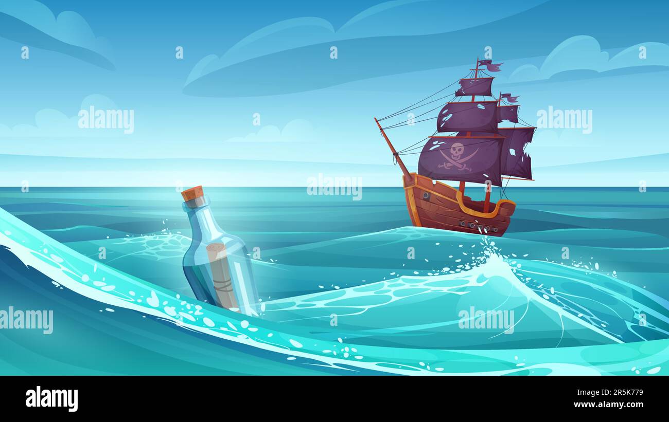 Old pirate ship and bottle with message scroll or paper treasure map floating in ocean or sea waves vector illustration. Cartoon battleship after shipwreck with broken deck and torn flag on horizon Stock Vector