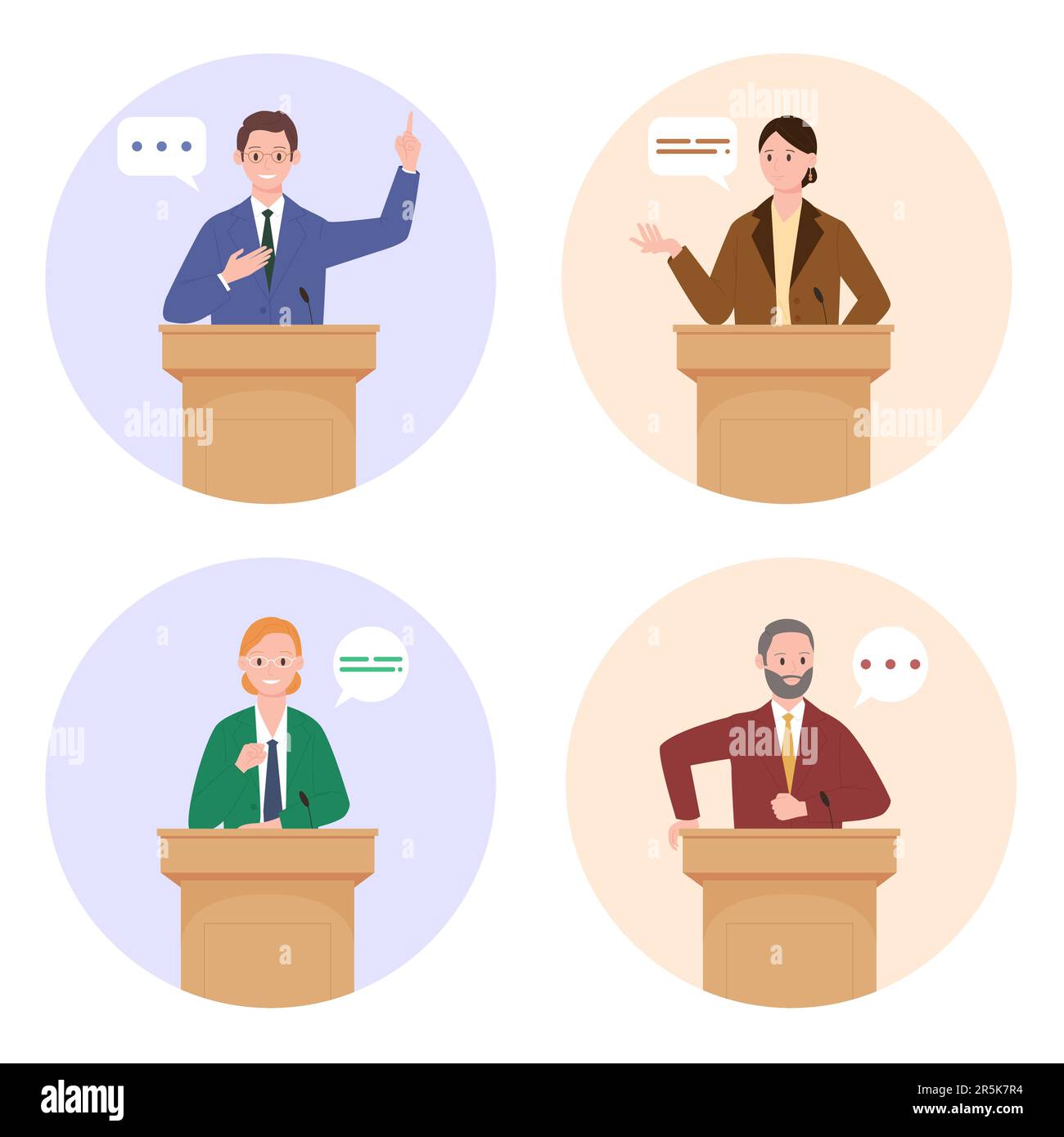 Politic public speech by politician on podium, circle icons set vector illustration. Cartoon male and female leaders in formal suits stand at tribune and agitate, characters speak at political debate Stock Vector
