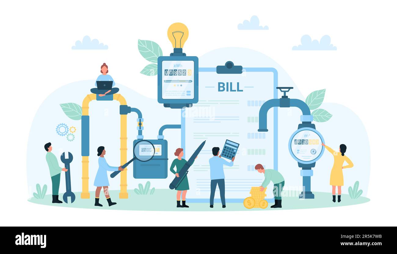 Payment of utility bills vector illustration. Cartoon tiny people check