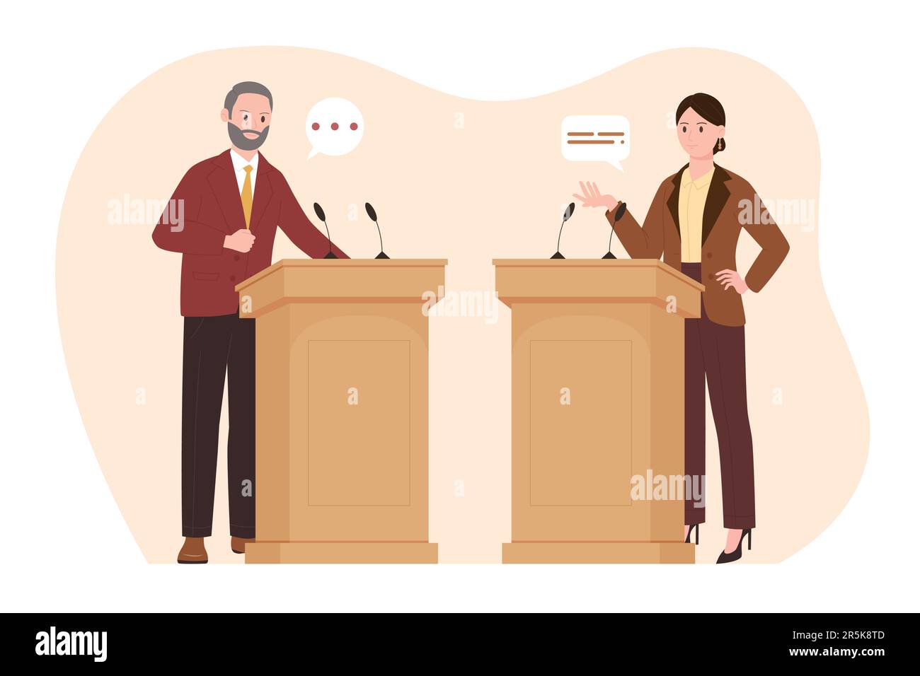 Political debates between two politicians and leaders at podiums vector illustration. Cartoon man and woman stand at tribunes on public meeting, candidates talk arguments in polemic conversation Stock Vector