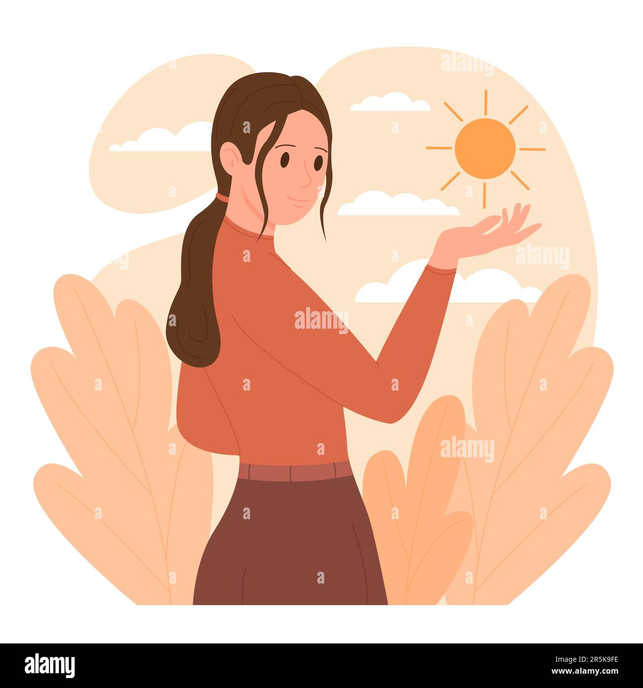 Optimistic mindset, positive thinking concept vector illustration. Cartoon happy person holding sun to enjoy moment of beautiful nature and wellbeing, acceptance, good mood and optimism of girl Stock Vector