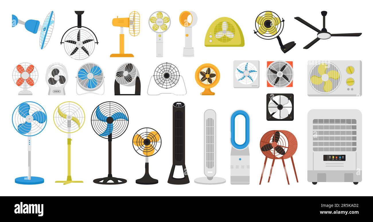 Electric fan set vector illustration. Cartoon isolated conditioning appliances and fan ventilators of different types for ventilation of office and home, cooling equipment for ceiling, desk and wall Stock Vector