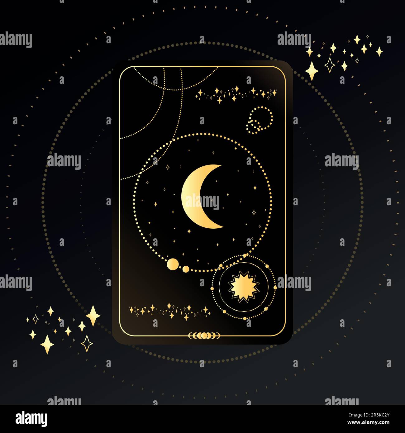 Gold Tarot card with a crescent on a black background with stars. Tarot symbolism. Mystery, astrology, esoteric Stock Vector